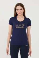 EA7 Granatowy damski t-shirt z cyrkoniami, Rozmiar S. Niebieskie t-shirty EA7 Emporio Armani, s, bez wzorów, bez kołnierzyka, bez ramiączek. W wyprzedaży za 259.99 zł.