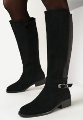 Czarne Kozaki Muszkieterki z Ozdobnym Paskiem Vambra. Czarne kozaki Born2be, bez obcasa, na płaskiej podeszwie, bez zapięcia. Za 119.99 zł.