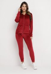Bordowy Komplet Dresowy z Welurowej Dzianiny z Bluzą i Spodniami Ariliv. Czerwone bluzy Born2be, s, bez wzorów, z dresówki, z kapturem. Za 79.99 zł.