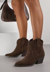 Brązowe Skórzane Botki Typu Kowbojki na Stożkowym Obcasie Lianessea. Brązowe botki Born2be, bez wzorów, z jeansu, bez obcasa, na obcasie, bez zapięcia. Za 229.99 zł.