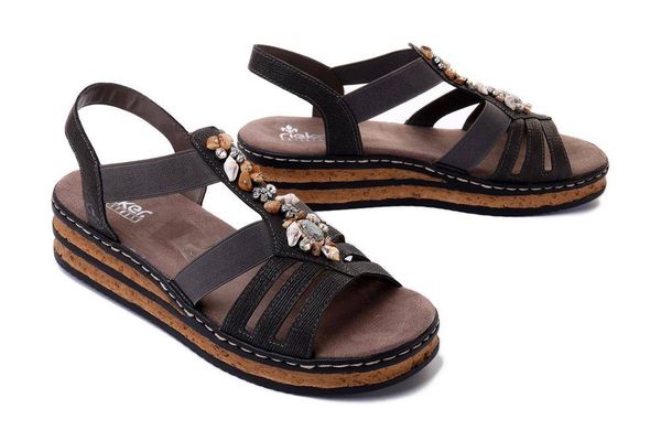 RIEKER 62949-45 grey, sandały damskie. Szare sandały Rieker, bez wzorów, bez obcasa, na koturnie, bez zapięcia. Za 299.90 zł.