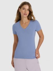 4F T-shirt slim gładki damski - granatowy XXL. Niebieskie t-shirty 4f, xxl, bez wzorów, z bawełny, bez kołnierzyka, bez ramiączek. Za 59.99 zł.