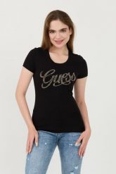 GUESS Czarny damski t-shirt Script, Rozmiar XS. Czarne t-shirty Guess, xs, z aplikacjami, bez kołnierzyka, bez ramiączek. W wyprzedaży za 149.99 zł.