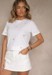 Biało-Beżowy Bawełniany T-shirt z Motywem Serc Aramiraa. Białe t-shirty Renee, l, bez wzorów, z bawełny, bez kołnierzyka, bez ramiączek. Za 44.99 zł.