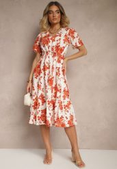 Pomarańczowa Bawełniana Sukienka Rozkloszowana Ażurowa w Kwiatowy Print Velbia. Brązowe sukienki Renee, na co dzień, na lato, l, w ażurowe wzory, z bawełny, eleganckie, bez kołnierzyka, bez ramiączek, midi, proste. Za 89.99 zł.