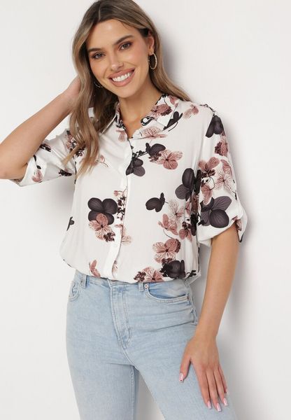 Biało-Beżowa Koszula z Bawełny i Wiskozy z Rękawami 3/4 w Kwiaty Milkera. Białe koszule Born2be, l, bez wzorów, z bawełny, bez kołnierzyka, bez ramiączek. Za 24.99 zł.