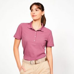 Koszulka polo do golfa z krótkim rękawem damska Inesis MW500. Fioletowe koszulki polo INESIS, m, bez wzorów, z bawełny, bez kołnierzyka, bez ramiączek. Za 59.99 zł.
