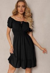 Czarna Sukienka z Wiskozy z Gumkami w Talii i Dekoltem ze Ściągaczem Tiimazela. Czarne sukienki Renee, na co dzień, l, bez wzorów, z wiskozy, eleganckie, bez kołnierzyka, bez ramiączek, mini, kopertowe. Za 44.99 zł.