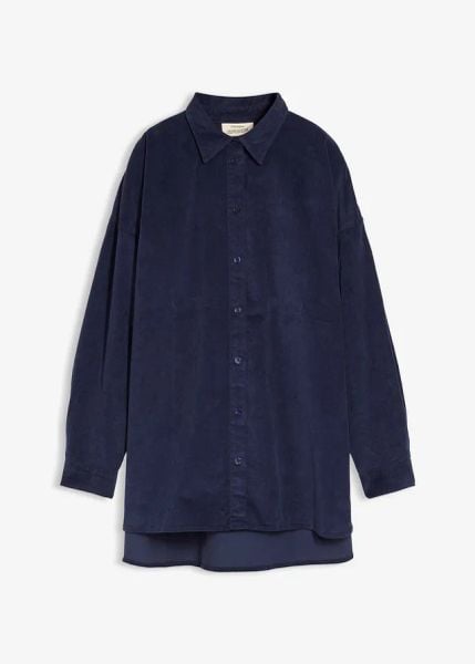 Koszula sztruksowa oversize. Niebieskie koszule bonprix, bez wzorów, z bawełny, bez kołnierzyka, bez ramiączek. Za 99.99 zł.