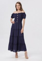 Granatowa Sukienka z Wiskozy o Kroju Hiszpanki Ciririla. Niebieskie sukienki Born2be, na co dzień, na lato, l, bez wzorów, z tkaniny, eleganckie, bez kołnierzyka, bez ramiączek, maxi, kopertowe. Za 84.99 zł.