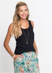 Bawełniany tank top. Czarne topy bonprix, bez wzorów, z bawełny, bez kołnierzyka, bez ramiączek. Za 39.99 zł.
