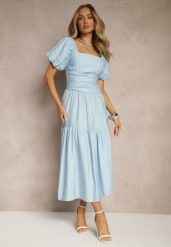 Niebieska Sukienka Wiskozowa Drapowana z Rozkloszowanym Dołem Naprine. Niebieskie sukienki Renee, na co dzień, l, bez wzorów, z wiskozy, eleganckie, bez kołnierzyka, bez ramiączek, midi, rozkloszowane. Za 99.99 zł.