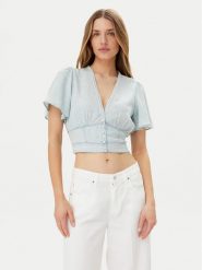 Guess Bluzka W5GH82 D5N81 Błękitny Regular Fit. Niebieskie bluzki Guess, m, z aplikacjami, z lyocellu, bez kołnierzyka, bez ramiączek. Za 379.99 zł.