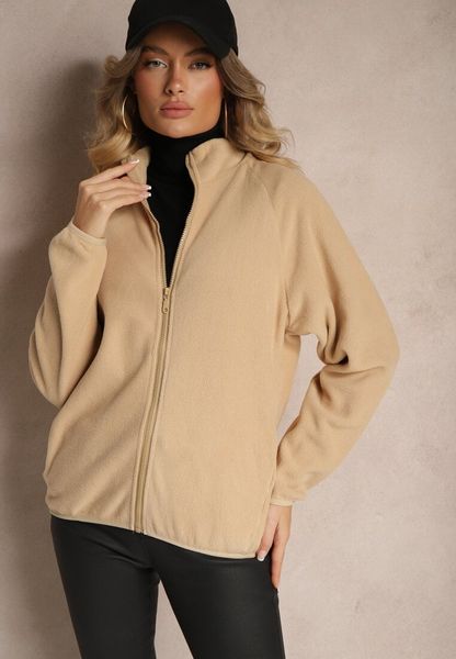 Beżowa Bluza Polar z Zapięciem na Suwak Kieszeniami i Stójką Esandria. Brązowe bluzy Renee, l, bez wzorów, z jeansu, bez kaptura. Za 39.99 zł.