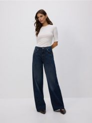 Jeansy wide leg z przeszyciami - indigo jeans. Niebieskie jeansy Reserved, bez wzorów. Za 149.99 zł.