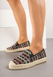 Czarne Espadryle Ozdobione Metaliczną Nitką na Podeszwie z Plecionki Raslira. Czarne espadryle Renee, bez wzorów, bez obcasa, bez zapięcia. Za 64.99 zł.