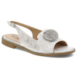 Sandały damskie S. Barski, na płaskim obcasie ze skóry ekologicznej z ozdobą ze sprzączką, srebrne, KV51-083. Szare sandały S.BARSKI, z aplikacjami, ze skóry ekologicznej, eleganckie, z okrągłym noskiem, bez obcasa, na płaskiej podeszwie, bez zapięcia. Za 109.00 zł.