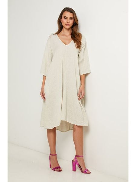 Fleur de Lin Sukienka w kolorze kremowym rozmiar: XL. Brązowe sukienki Fleur de Lin, xl, bez wzorów, ze lnu, bez kołnierzyka, bez ramiączek, midi. Za 204.95 zł.