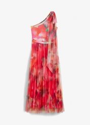 Sukienka one-shoulder z plisowaną częścią spódnicową z tiulu. Czerwone sukienki bonprix, na lato, z aplikacjami, z tiulu, wizytowe, bez kołnierzyka, bez ramiączek. Za 279.99 zł.