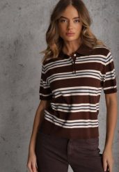 Brązowy T-shirt Polo z Wiskozą w Paski z Guzikami Vevevia. Brązowe koszulki polo Renee, bez wzorów, z jeansu, bez ramiączek. Za 119.99 zł.