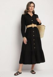 Czarna Sukienka Koszulowa z Wiskozy z Elastycznym Paskiem z Klamrą Felucia. Czarne sukienki Born2be, na co dzień, l, bez wzorów, z wiskozy, eleganckie, bez kołnierzyka, bez ramiączek, maxi, koszulowe. Za 84.99 zł.