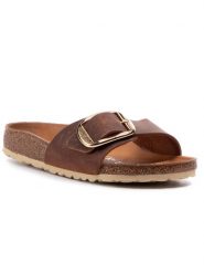 Birkenstock Klapki Madrid Big Buckle 1006525 Brązowy. Brązowe klapki Birkenstock, bez wzorów, z nubiku, bez obcasa. Za 489.99 zł.