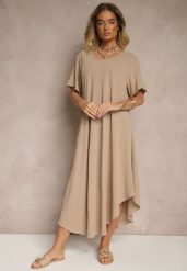 Ciemnobeżowa Sukienka z Bawełną o Rozkloszowanym Kroju Lilzedi. Brązowe sukienki Renee, na co dzień, na lato, xl, bez wzorów, z bawełny, eleganckie, bez kołnierzyka, bez ramiączek, midi, rozkloszowane. Za 54.99 zł.