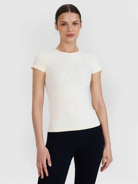 4F Koszulka do jogi i pilatesu szybkoschnąca damska - biała M/L. Białe koszulki sportowe 4f, bez wzorów, z dzianiny, bez ramiączek, na fitness i siłownię. W wyprzedaży za 59.99 zł.