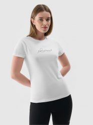 4F T-shirt slim z nadrukiem damski - biały XS. Białe t-shirty 4f, xs, bez wzorów, z dzianiny, bez kołnierzyka, bez ramiączek. Za 29.99 zł.