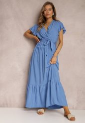 Niebieska Sukienka Metia. Niebieskie sukienki Renee, s, bez wzorów, z materiału, bez kołnierzyka, bez ramiączek, maxi. Za 54.99 zł.