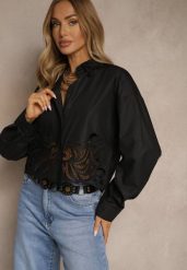 Czarna Koszula Oversize z Wiskozą o Krótkim Kroju z Ażurowymi Zdobieniami Dorbia. Czarne koszule Renee, l, z aplikacjami, z moheru, eleganckie, bez kołnierzyka, bez ramiączek. Za 79.99 zł.