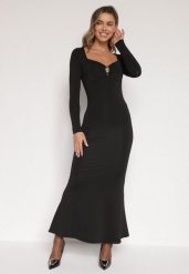 Czarna Koktajlowa Sukienka z Wiskozą Ozdobiona Metalową Klamrą Refira. Czarne sukienki Born2be, na co dzień, s, bez wzorów, z wiskozy, eleganckie, bez kołnierzyka, bez ramiączek, maxi, proste. Za 129.99 zł.