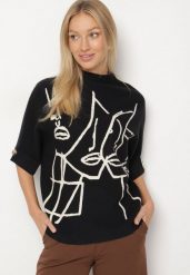 Czarny Pudełkowy Golf z Krótkim Rękawem i Grafiką Unvessa. Czarne golfy Born2be, bez wzorów, z jeansu, bez ramiączek. Za 79.99 zł.