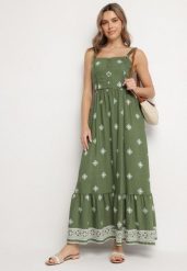 Zielona Rozkloszowana Sukienka na Ramiączkach z Wiskozą w Etniczny Wzór Lealena. Zielone sukienki Born2be, na co dzień, m, z aplikacjami, z wiskozy, eleganckie, bez kołnierzyka, bez ramiączek, midi, rozkloszowane. Za 109.99 zł.