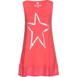 Długi top z szyfonową wstawką bonprix koralowo-srebrny. Czerwone topy bonprix, bez wzorów, z szyfonu, bez kołnierzyka, bez ramiączek. Za 37.99 zł.