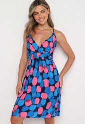 Granatowo-Niebieska Bawełniana Sukienka na Regulowanych Ramiączkach z Elastyczną Gumką w Talii Baloa. Niebieskie sukienki Born2be, na lato, s, bez wzorów, z bawełny, bez kołnierzyka, bez ramiączek, mini, kopertowe. Za 49.99 zł.