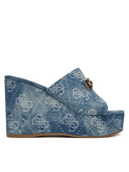 Guess Klapki FLJEV2 DEN04 Niebieski. Niebieskie klapki Guess, z aplikacjami, z materiału, bez obcasa. Za 549.99 zł.