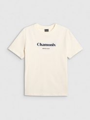 4F T-shirt loose z nadrukiem damski - beżowy M. Brązowe t-shirty 4f, m, bez wzorów, z bawełny, bez kołnierzyka, bez ramiączek. Za 79.99 zł.