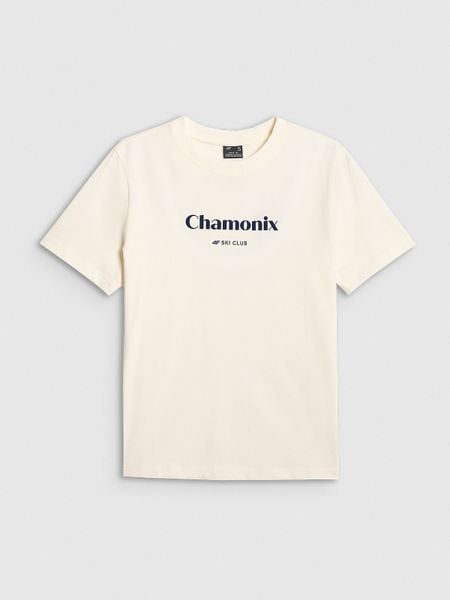 4F T-shirt loose z nadrukiem damski - beżowy M. Brązowe t-shirty 4f, m, bez wzorów, z bawełny, bez kołnierzyka, bez ramiączek. Za 79.99 zł.