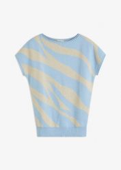 Sweter z dzianiny o splocie drobnych oczek, z połyskującą nitką. Niebieskie swetry bonprix, bez wzorów, z dzianiny, bez ramiączek. Za 47.99 zł.