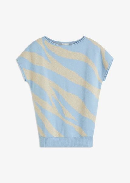 Sweter z dzianiny o splocie drobnych oczek, z połyskującą nitką. Niebieskie swetry bonprix, bez wzorów, z dzianiny, bez ramiączek. Za 47.99 zł.