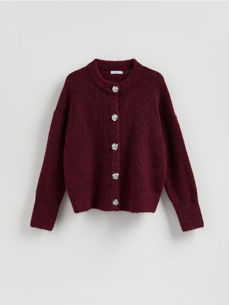 Kardigan z dekoracyjnymi guzikami - bordowy. Czerwone kardigany Reserved, l, bez wzorów, z dzianiny. Za 139.99 zł.