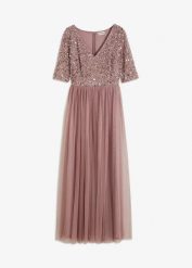 Suknia wieczorowa z delikatnego tiulu z aplikacją z cekinów. Czerwone sukienki bonprix, z aplikacjami, z tiulu, eleganckie, bez kołnierzyka, bez ramiączek. Za 269.99 zł.
