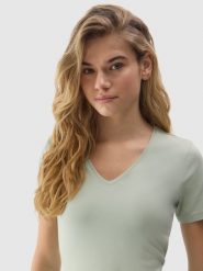 4F T-shirt gładki z bawełną organiczną damski - zielony XS. Zielone t-shirty 4f, xs, bez wzorów, z bawełny, bez kołnierzyka, bez ramiączek. W wyprzedaży za 29.99 zł.