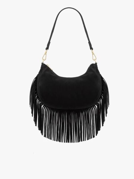 Czarna torebka boho z frędzlami. Czarne torebki klasyczne Brawo sp. z o.o., bez wzorów, z jeansu, bez dodatków. W wyprzedaży za 161.99 zł.
