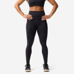Legginsy fitness damskie Domyos. Czarne legginsy DOMYOS, l, bez wzorów, z elastanu. Za 129.99 zł.
