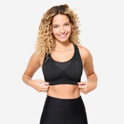 Stanik sportowy Decathlon. Czarne bielizna sportowa KALENJI, xs, bez wzorów, z elastanu. Za 29.99 zł.