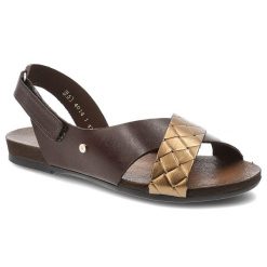 Sandały damskie Armodo, cholewka ze skóry naturalnej z kontrastowym plecionym paskiem o metalicznym wykończeniu, brązowe, 40141. Brązowe sandały Armodo, bez wzorów, ze skóry, bez obcasa, bez zapięcia. Za 299.00 zł.