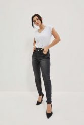 Jeansy skinny z podwójnym guzikiem grafitowe. Szare jeansy MOODO, m, bez wzorów. W wyprzedaży za 44.99 zł.