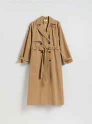 Trencz z paskiem - beżowy. Brązowe płaszcze Reserved, l, bez wzorów, z bawełny, bez kaptura. Za 399.99 zł.